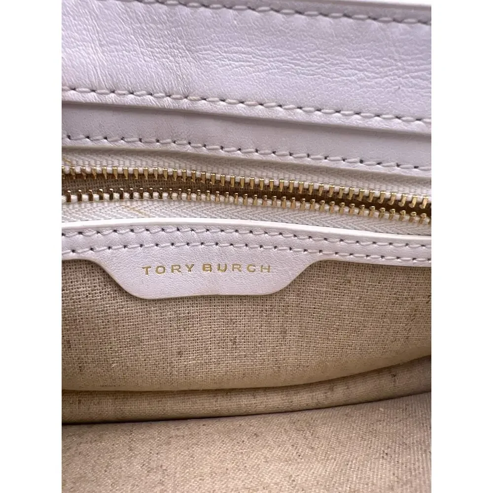 $625 Tory Burch White Garden Party Gemini Link Tri-Fold Leather Shoulder Bag